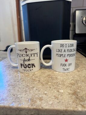 White Ceramic Novelty Coffee Mug with Black and Red Typography - Unknown Brand